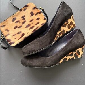 Vaneli Black and Leopard Print Wedges